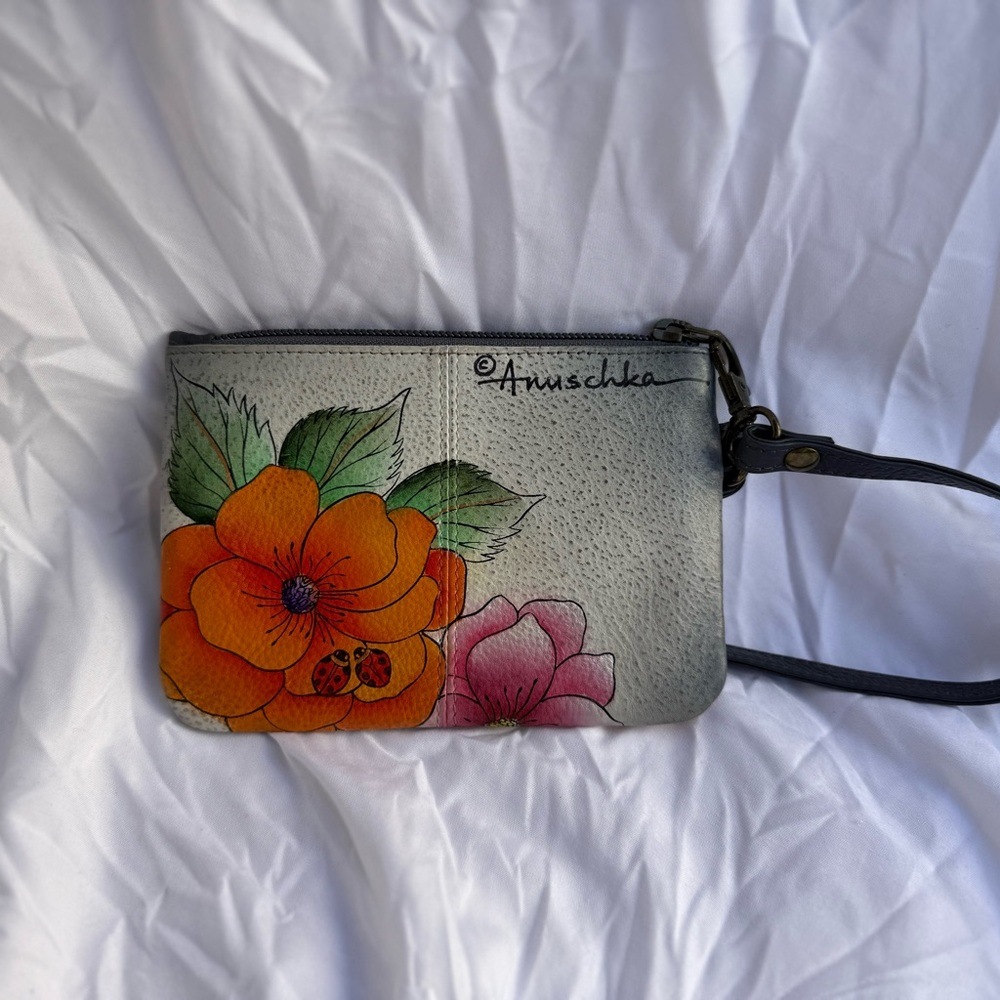 Anuschka Gray and Orange Floral Wristlet Clutch